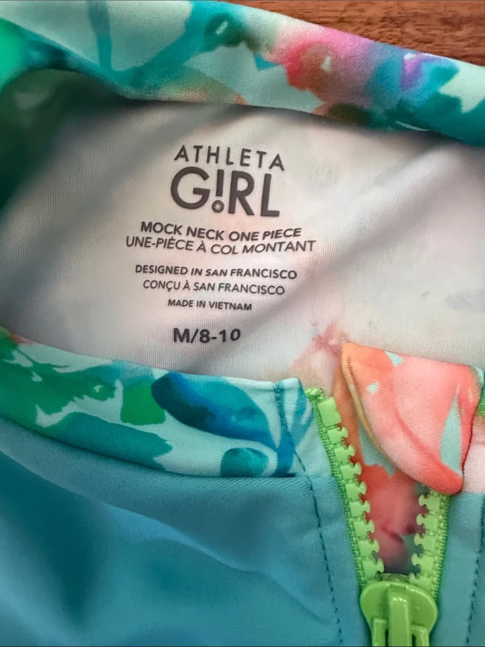 NWOT Athleta Girl Floral Aqua and Orange Long-Sleeve One-Piece Rash Guard